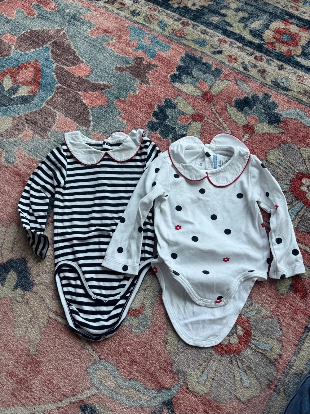Jacadi- Striped and Polka Dot Peter Pan Collar Baby One-Piece (Black & White)
